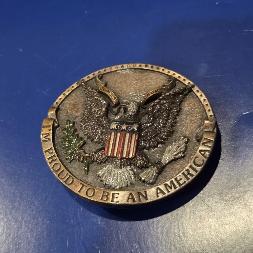 I'm Proud to Be an American Great Seal Eagle Belt Buckle Round Brass Enamel